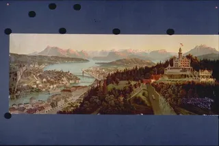 [Rundsicht auf die Stadt Luzern, auf den Vierwaldstättersee, auf die Berge von der Rigi bis zum Pilatus und auf das Hotel Gütsch mit Gütschbahn und Unnothtürmchen] (1889)