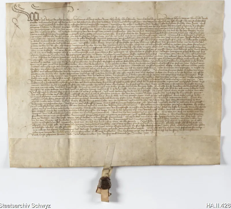 Die Neun des geschwornen Gerichts zu Schwyz sprechen der Kilchhöri Arth im Prozesse gegen Ammann und Kilchhöri zu Weggis die streitige Alp Bärenzingel auf dem Rigi zu (22.06.1439)