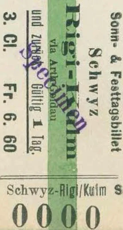 Sonn- & Festtagsbillet, Schwyz- Rigi -Kulm via Arth-Goldau und zurück, 3. Klasse (1890 - 1899)