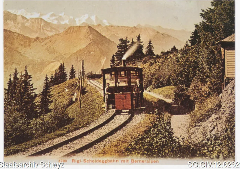 Sammlung Rigi-Bahnen: Rigi-Kaltbad-Scheidegg-Bahn unterwegs auf ihrer kurvenreichen Strecke (zwischen 1875 und 1934)