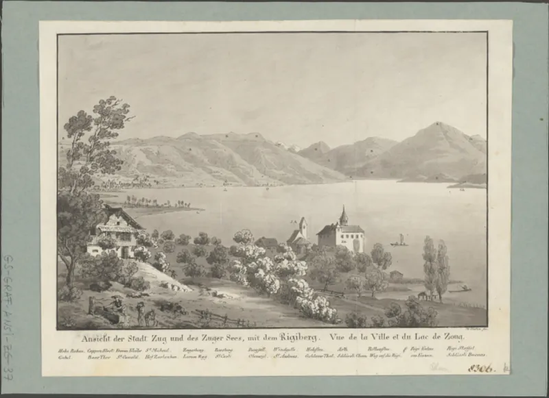Ansicht der Stadt Zug und des Zuger Sees mit dem Rigiberg = Vue de la Ville et du Lac de Zoug (1818)