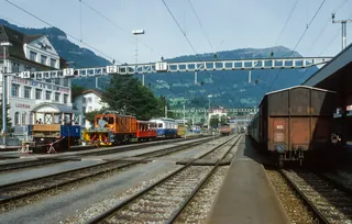 Arth-Goldau, railroad station, historic rolling stock of the Rigi railroads (7/1985)