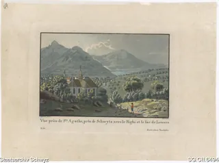 Blick von der Kapelle St. Agatha (Färisacher) auf das Dorf Schwyz, die Rigi und den Lauerzersee (ca. 1820)