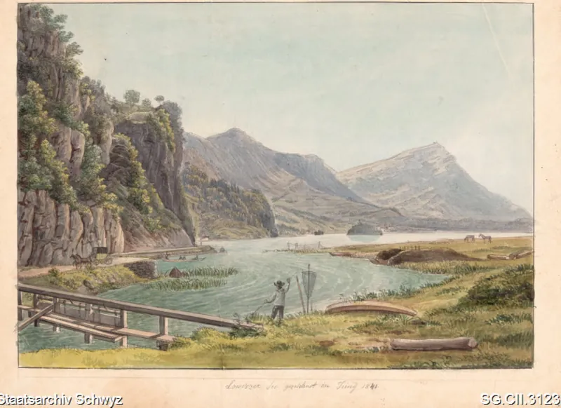 Lauerzersee, Blick von Seewen in Richtung Lauerz und der Rigi (1841)