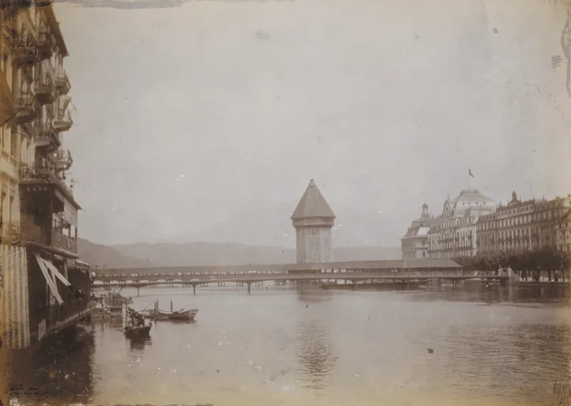 View from the hotel (Rigi), Lucerne to the Kappel bridge and the water tower (1899-1905)