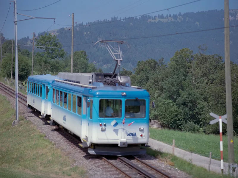 Kanton SZ, Arth, Arth-Goldau : Rigi railcar BDhe 2/4 7 on special trip for the Schwingertag on the Rigi, drive and bogie of the BDeh 2/4 7 of the Rigi-Bahn at the station ; protective line SBB Steinen-Schwyz at Km 15.770 ; Railcar BDeh 2/4 6 on the uphill run at 10:15 at Sonnenrain (Goldau) ; Railcar BDeh 2/4 13 and Bt 23 on the downhill run at 10:30 ; Vitznau-Rigi-Bahn Beh 4/4 22 and Bt 32 at Sonnenrain, downhill run at 10:32 ; Railcar BDeh 2/4 7 at 10:48 downhill run ; 11:00 uphill run of BDeh 2/4 7 ; Railcar BDeh 2/4 11 at 11.03 o'clock ; BDeh 2/4 6 in Kräbel at 11:43 on downhill ; railcar BDeh 2/4 6, a bar built in on the uphill side (13.07.2003)