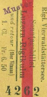 Rigi . Vierwaldstättersee, Sonntagsbillet, Luzern-Rigikulm und retour (über Vitznau), 1. Klasse (1890 - 1899)