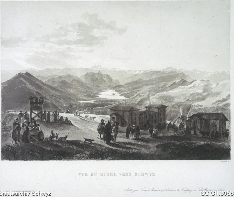 Blick von der Rigi-Kulm auf den Lauerzersee und Talkessel Schwyz, Panorama (ca. 1850)