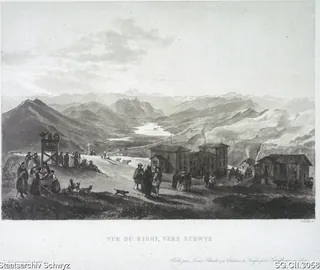 Blick von der Rigi-Kulm auf den Lauerzersee und Talkessel Schwyz, Panorama (ca. 1850)