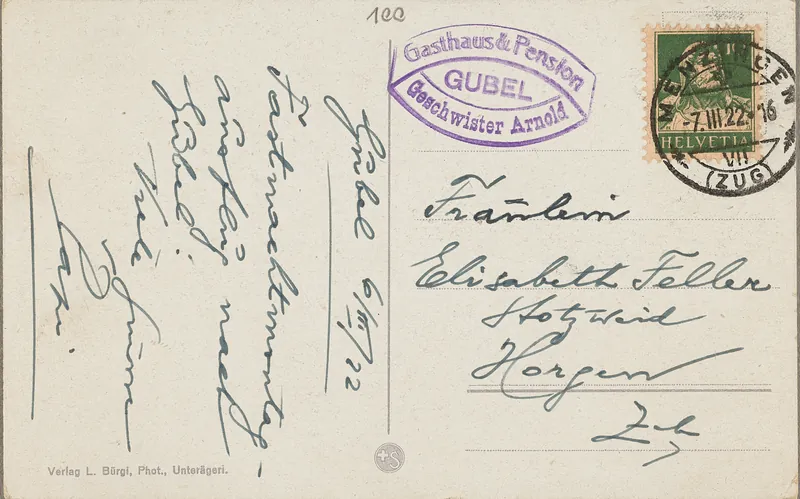 Menzingen, monastery, church and pension Gubel 912 m, Rigi 1800 m, Zugerberg 1044 m, Pilatus 2133 m (vor 6.3.1922)