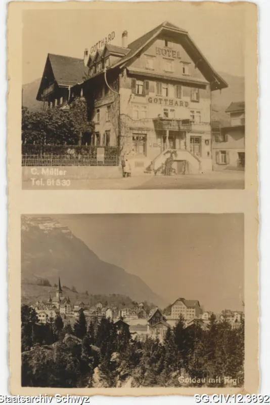 Hotel Gotthard und Dorfteil mit Rigi, Goldau (keine Angabe)