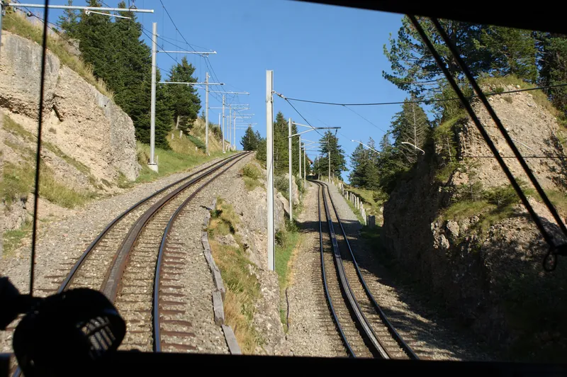 Rack railway Vitznau to Rigi (Kulm)-railway station Kaltbad-First-track view to both rack railways-01ASD (2023-09-04)