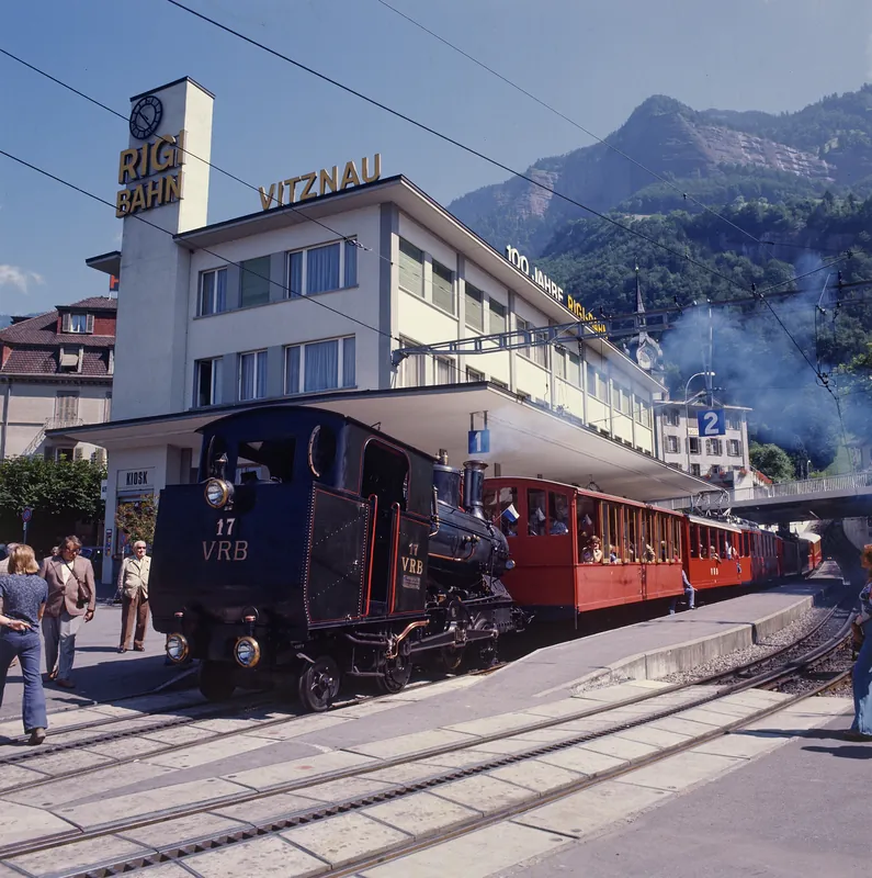 Vitznau, Vitznau-Rigi Railway (VRB), H2/3 steam locomotive No. 17 with a lead car (ca. 1975)