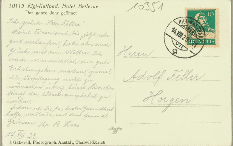 Rigi-Kaltbad, Hotel Bellevue, Open all year round (vor 14.08.1926)