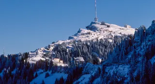 Rigi railway track near Stafel, Rigi-Kulm with transmitter mast (2002)