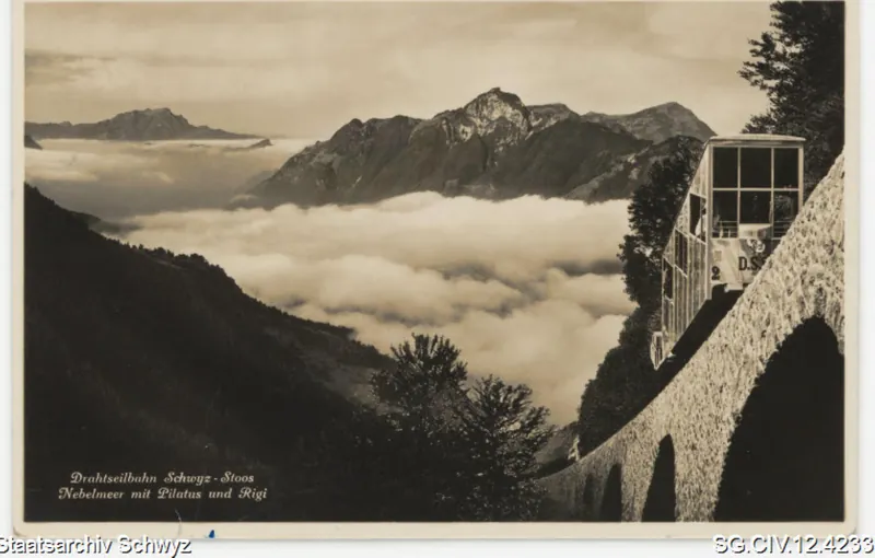Drahtseilbahn Schwyz - Stoos: Nebelmeer mit Pilatus und Rigi (1934)