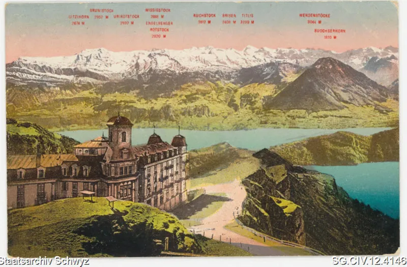 Rigi Kulm mit Hotel Schreiber und den Alpen (1911)