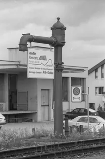 Weinfelden, railroad station, MThB advertising on the water crane, Konstanz-Rigi-Express (1991)