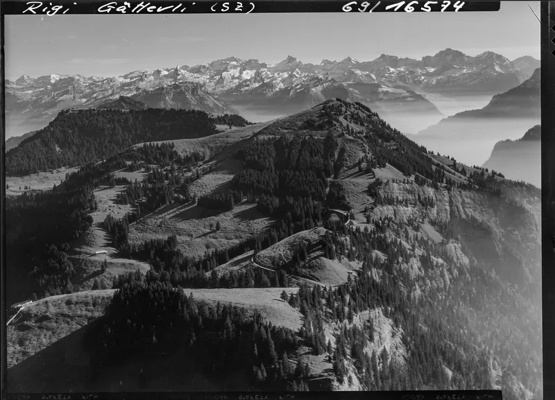 View of Rigi Gätterli SZ towards south, with mountain panorama (27.10.1969)