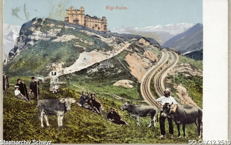 Ein steiler Weg und parallel die Bahngeleise die nach der Rigi-Kulm führen (1908)