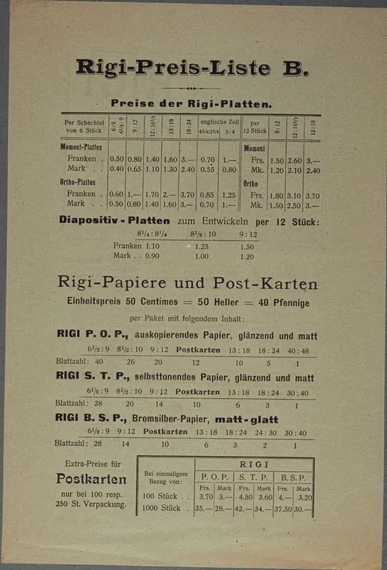 Rigi price list B., Rigi papers and post cards, brochure (ca. 1989)