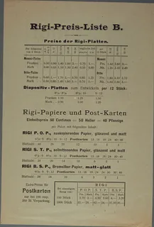 Rigi price list B., Rigi papers and post cards, brochure (ca. 1989)