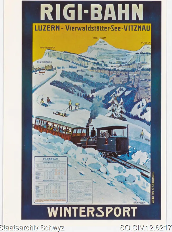 Werbeplakat: Zum Wintersport auf die Rigi mit der Rigi-Bahn (1913)