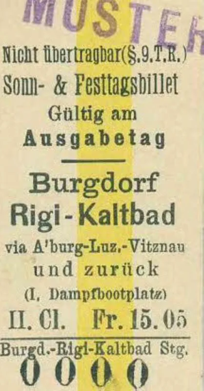 Sonn- & Festtagsbillet, Burgdorf- Rigi -Kaltbad via A'burg-Luz.-Vitznau und zurück, 2. Klasse (1890 - 1899)
