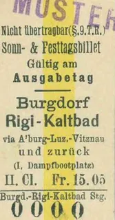 Sonn- & Festtagsbillet, Burgdorf- Rigi -Kaltbad via A'burg-Luz.-Vitznau und zurück, 2. Klasse (1890 - 1899)