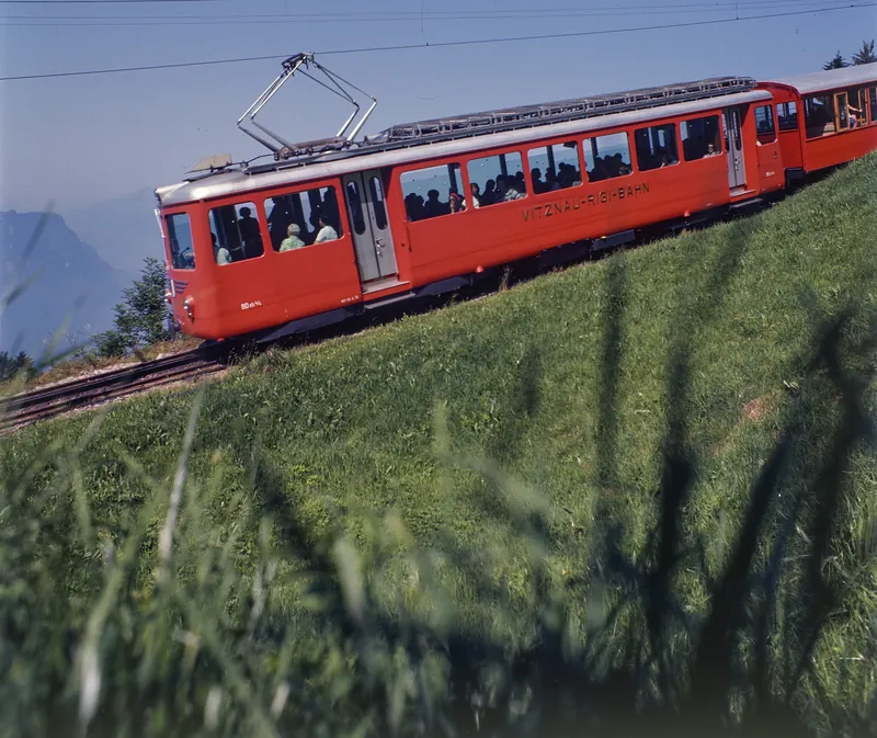 Vitznau-Rigi Railway (VRB) BDeh 4/4 railcar No. 5 on an open stretch of track (ca. 1975)