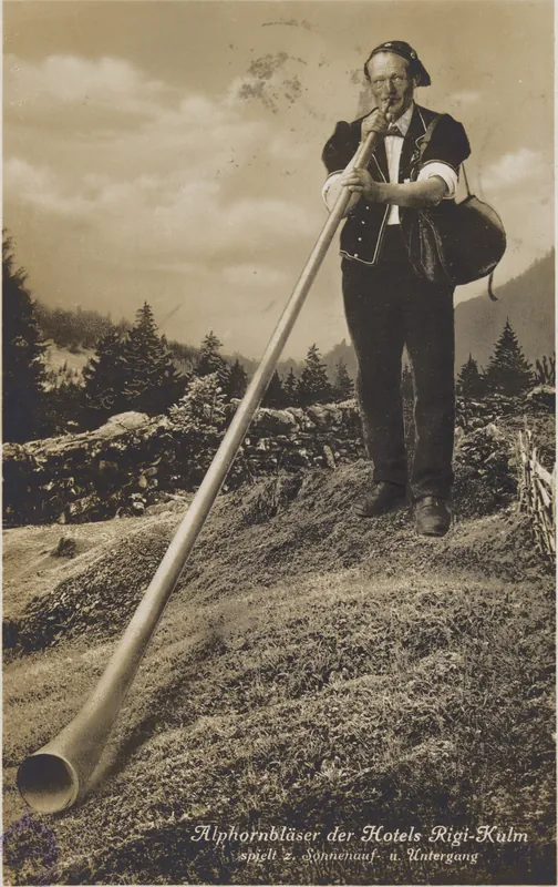 Alphorn player of the hotels Rigi-Kulm, plays to the sunrise and sunset, Jos. Kuster, prize alphorn player in Alpnach (vor 20.7.1930)