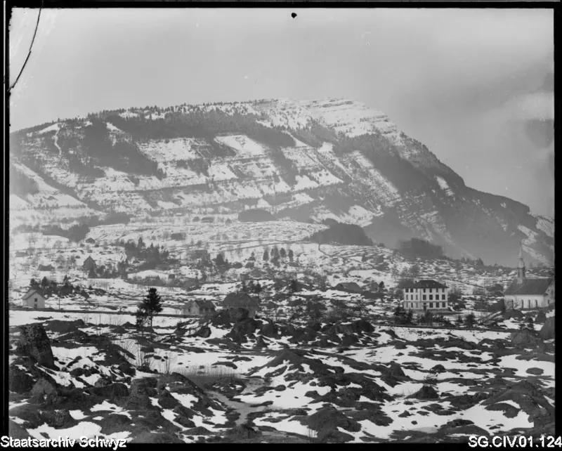 Gegen Rigi-Kulm, mit Pfarrkirche Herz-Jesu und Schulhaus, Goldau (1897)