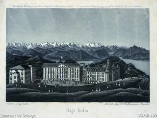 Hotels auf Rigi-Kulm mit Blick auf die Alpen (ca. 1880)