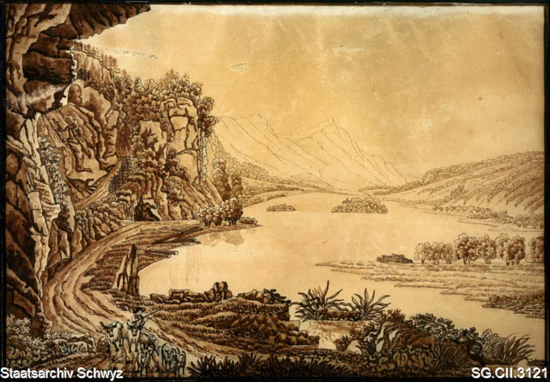 Lauerzersee. Blick von Seewen in Richtung Lauerz und der Rigi (1809)