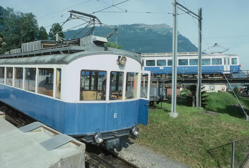 Arth-Goldau, depot, Arth-Rigi-Bahn (ARB) cogwheel railcar BCFhe 2/4 6 (7/1985)