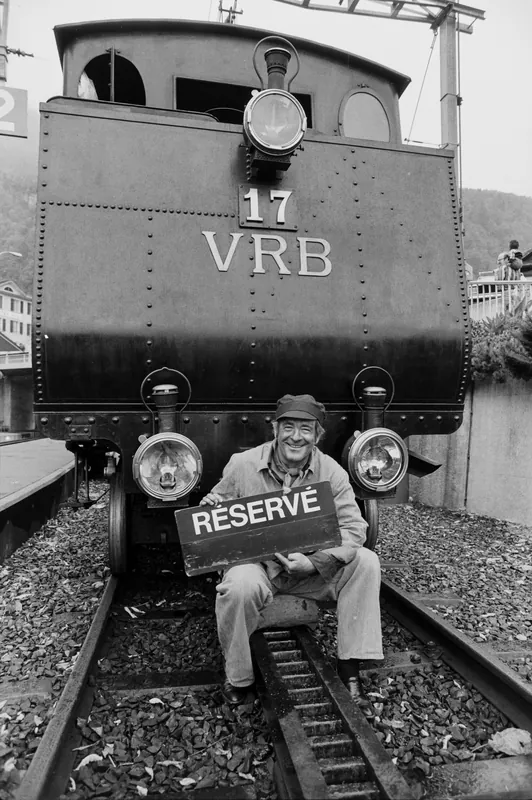 Vitznau, Paul Bühlmann on the occasion of ride on Rigi, steam train VRB steam locomotive H 2/3 No. 17 (14.10.1979)