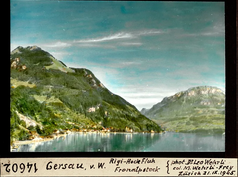 Gersau, from west, Rigi Hochfluh [Hoflue], Fronalpstock (21.09.1945)