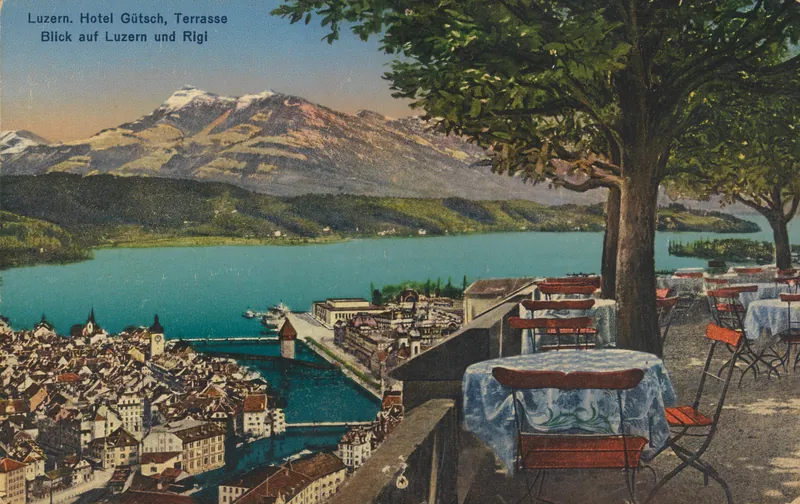 Lucerne, Hotel Gütsch, terrace, view of Lucerne and Rigi (vor 27.07.1937)