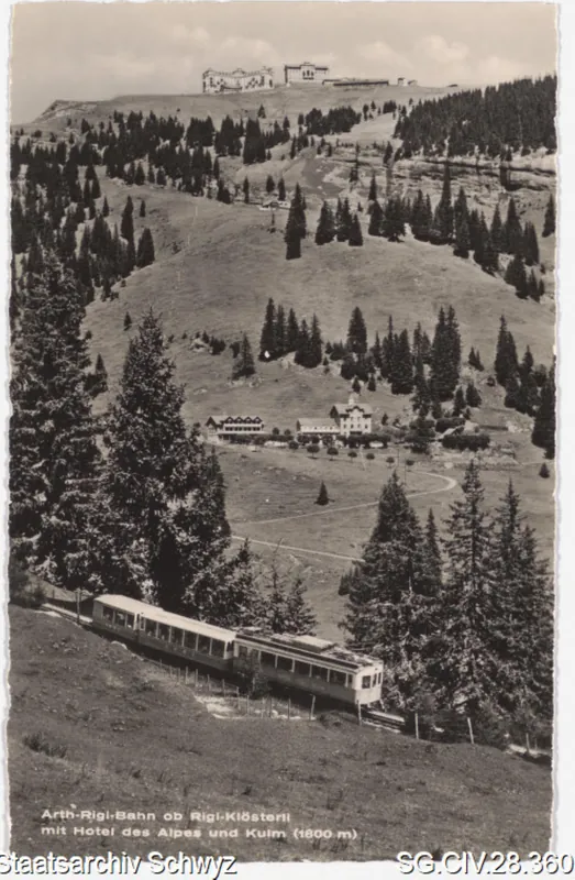 Arth-Rigi-Bahn ob Rigi-Klösterli mit Hotel des Alpes und Kulm (1800 m) (zwischen 1875 und 1952)