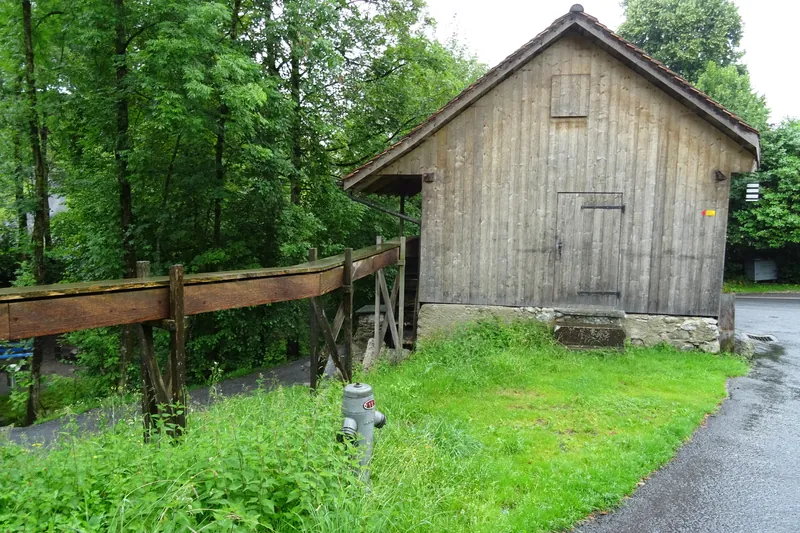 Küssnacht am Rigi, Seebodenstrasse, bone stamping mill with water wheel and pond (10.07.2014)
