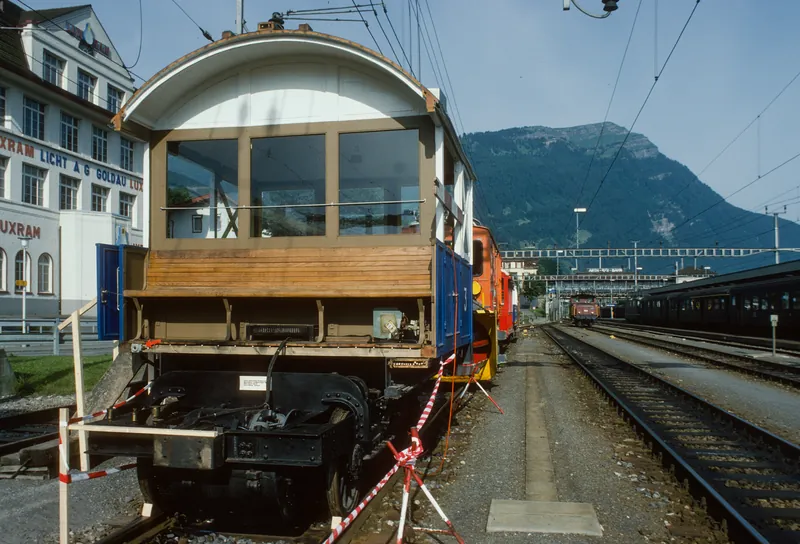 Arth-Goldau, railroad station, historic rolling stock of the Rigi railroads (7/1985)