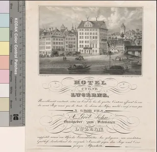 Hotel du Cygne à Lucerne/Nouvellement construit, situé au bord du lac des quatre Cantons, offrant la vue du mont Rigi ainsi que de toute la chaine des Alpes, meublé à neuf, et tenu par X. Grob Fils = X. Grob Sohn, Gastgeber zum Schwanen ... (1835)
