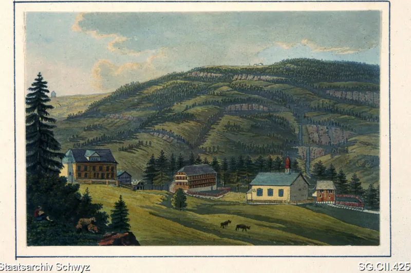 Kapelle Maria zum Schnee, Rigi-Klösterli, mit Blick auf die Rigi-Staffel und Rigi-Kulm (ca. 1830 - 1840)