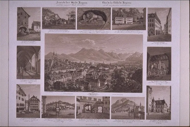 [Am ob. Bildrand:] Ansicht der Stadt Luzern/und der innern Theile derselben.// Vue .... [Bildmitte:] Luzern./Vom Gütsch gegen den Rigi aufgenommen.//Prise... [Um das Mittelbild sind 12 kleinere Bilder ... gruppiert] Die Kaserne und das Zeughaus. Der Kreuz (1832)