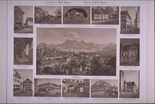 [Am ob. Bildrand:] Ansicht der Stadt Luzern/und der innern Theile derselben.// Vue .... [Bildmitte:] Luzern./Vom Gütsch gegen den Rigi aufgenommen.//Prise... [Um das Mittelbild sind 12 kleinere Bilder ... gruppiert] Die Kaserne und das Zeughaus. Der Kreuz (1832)