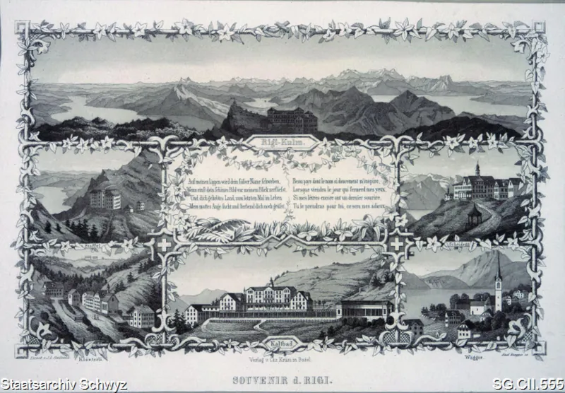 Sammelblatt Rigi: Rigi-Kulm, Rigi Scheidegg, Rigi-Kaltbad, Weggis, Rigi-Klösterli, Rigi-Staffel, Panorama (ca. 1870)
