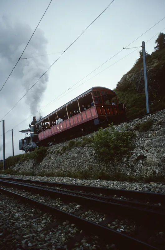At Rigi-Staffel, steam train of the Rigi Railway (9/1996)