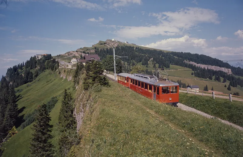 Rigi Relay, Vitznau-Rigi Railway (VRB) Bhe 2/4 railcar No. 2 with a leading car (1975)