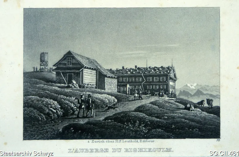Gasthaus auf Rigi-Kulm mit Aussichtsturm (ca. 1845)