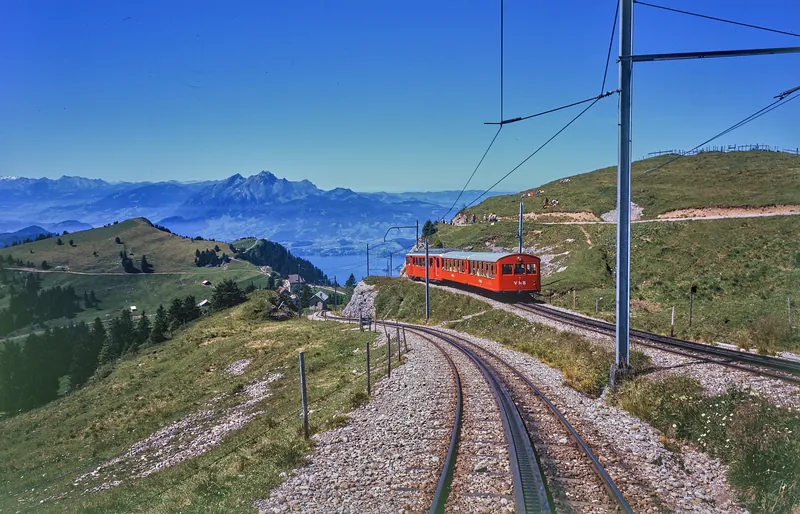 Between Rigi-Staffel and Rigi-Kulm, Vitznau-Rigi Railway (VRB) Bhe 2/4 railcar with a trailer car (1975)